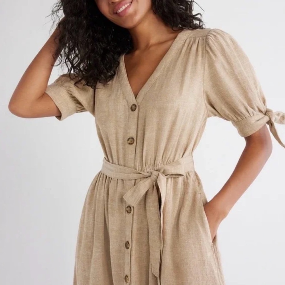 Linen Blend Button Safari Shift Front Midi Dress Tie Waist Beige M Time and Tru - Picture 3 of 10